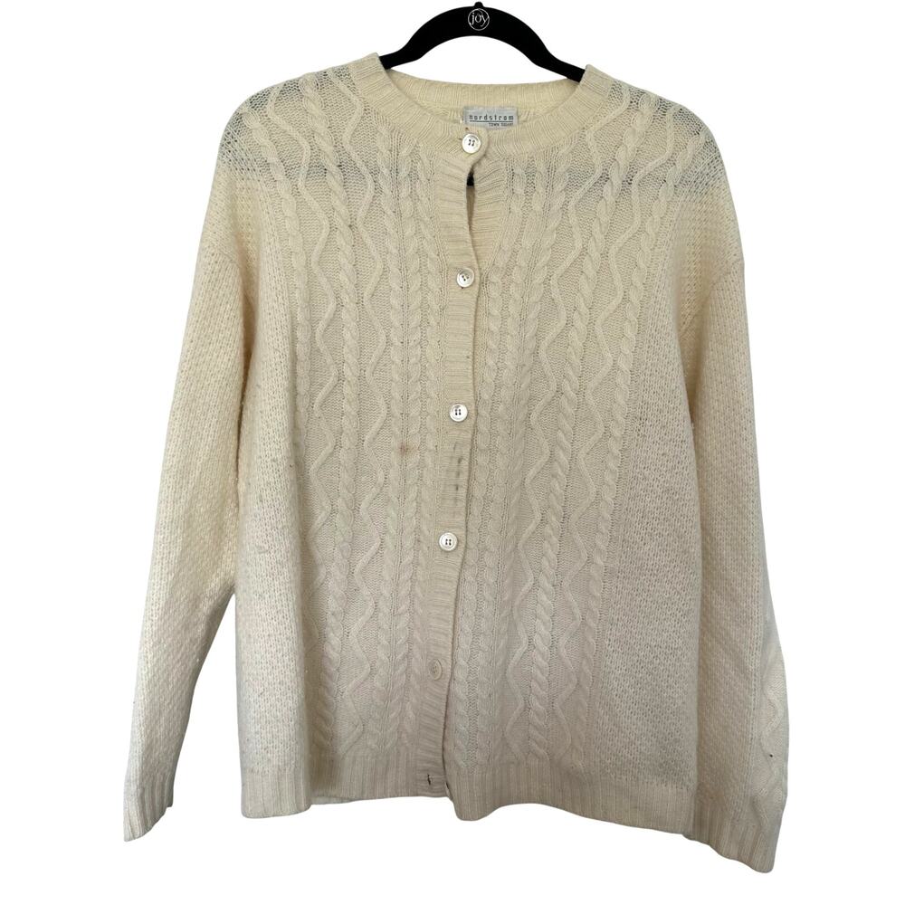 Vintage Nordstrom (L) Cream Cable Knit Cardigan Angora Rabbit Wool Quiet Luxury